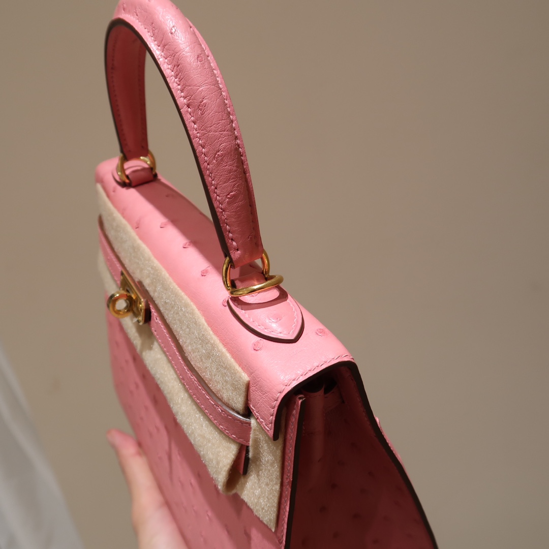 Hermes Kelly 25cm Handbag Shoulder Bag in Pink Ostrich Leather